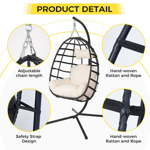 English Elm Egg Hanging Chair with Stand Pe Rattan Swing Seat Washable Cushion Patio Bedroom T5880P497427