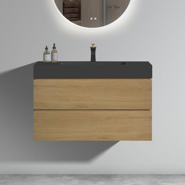 English Elm U092-Alice36W-106 Natural Oak 36" Wall-Mounted Bathroom Vanity with Black One-Piece Basin, Soft-Closing Drawers, Extra Storage, Handle-Free Modern Design W1865S00045