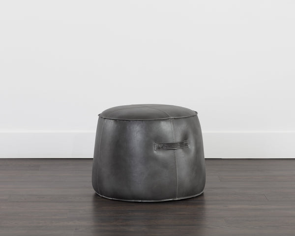 Sunpan Mitchell Ottoman - Stylish Round Faux Leather Accent Piece with Decorative Handle for Any Space Overcast Grey