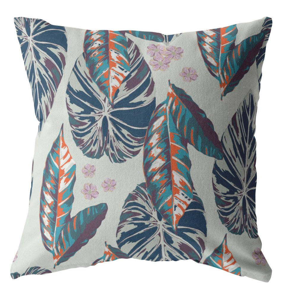 Homeroots 26” Blue Gray Tropical Leaf Indoor Outdoor Throw Pillow   412659