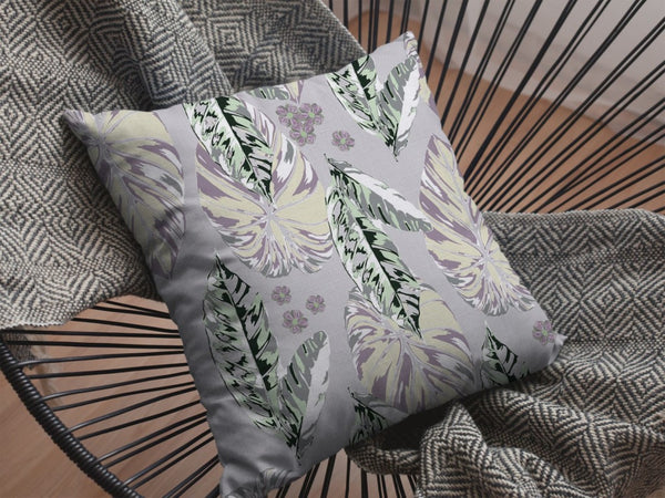 Homeroots 26” Gray Purple Tropical Leaf Throw Pillow – Soft Indoor Outdoor Cushion For Relaxing Serenity Vibes 5" H X 26" W X 26" D  412664