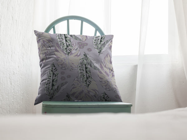 Homeroots 28” Gray Purple Tropical Leaf Indoor Outdoor Throw Pillow   412665