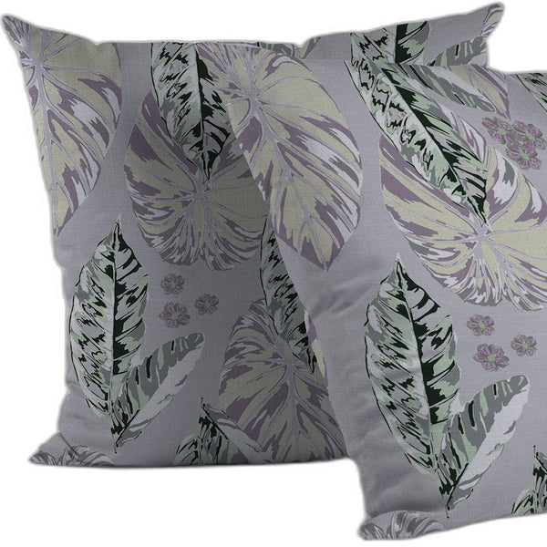 Homeroots 28” Gray Purple Tropical Leaf Indoor Outdoor Throw Pillow   412665