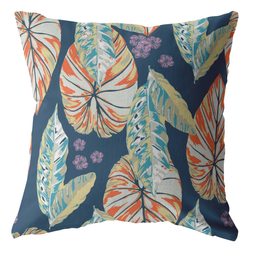 Homeroots 28” Orange Blue Tropical Leaf Indoor Outdoor Throw Pillow   412670