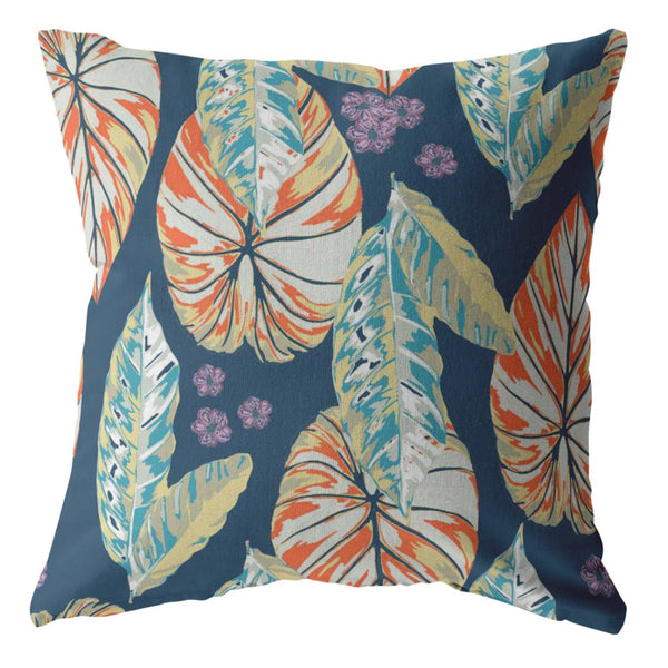 Homeroots 28” Orange Blue Tropical Leaf Indoor Outdoor Throw Pillow   412670