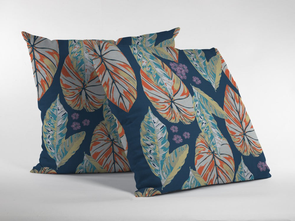 Homeroots 28” Orange Blue Tropical Leaf Indoor Outdoor Throw Pillow   412670