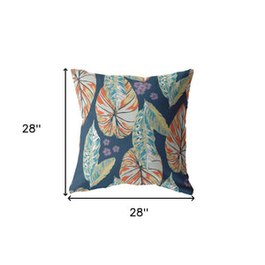 Homeroots 28” Orange Blue Tropical Leaf Indoor Outdoor Throw Pillow   412670