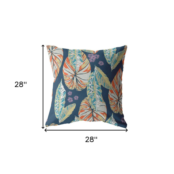 Homeroots 28” Orange Blue Tropical Leaf Indoor Outdoor Throw Pillow   412670