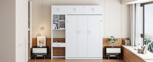 English Elm Queen Murphy Bed with Integrated Desk Cabinet Shelves Space Saving Studio Solution White N708S00021K-1