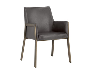Sunpan Bernadette Dining Armchair – Elegant Design with Antique Brass Frame and Durable Faux Leather Upholstery Kendall Grey