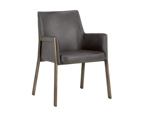 Sunpan Bernadette Dining Armchair – Elegant Design with Antique Brass Frame and Durable Faux Leather Upholstery Kendall Grey