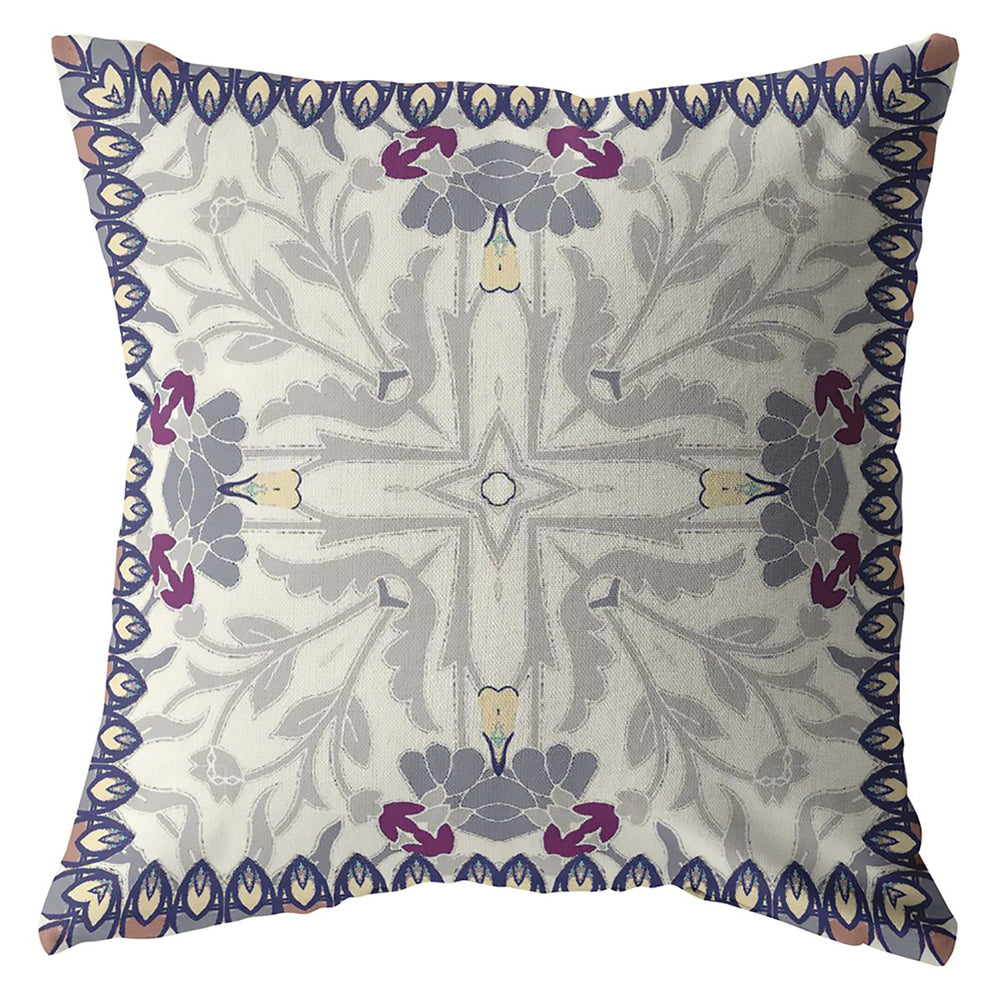 Homeroots 26" Gray Floral Frame Indoor Outdoor Zippered Throw Pillow   412696