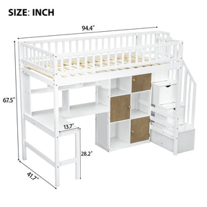 English Elm Wood Twin Loft Bed with Built-In L-Desk, LED Lighting, Staircase Storage, Shelves & Cabinets White N7090000470K