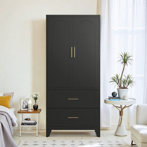 English Elm 71" Steel Wardrobe with Hanging Rod Two Drawers and Shelf for Compact Bedroom W3387P411306