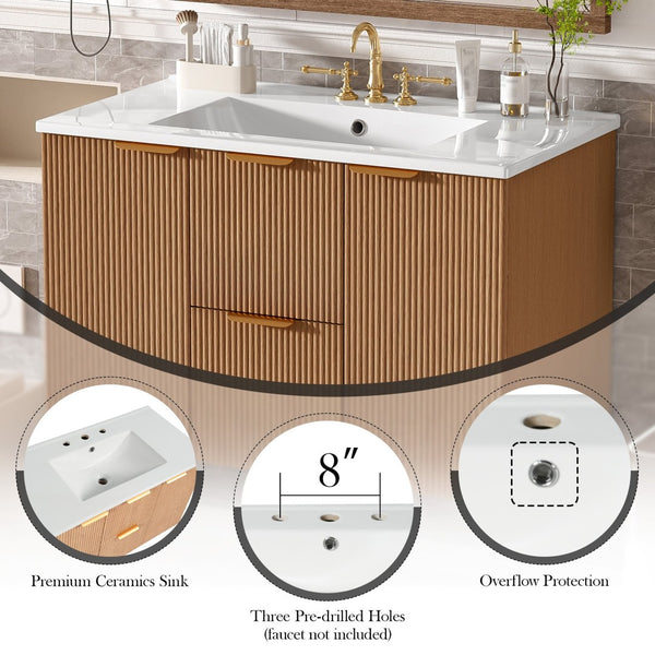 English Elm [video]36 Inch Floating Bathroom Vanity with Ceramic Sink Mdf Cabinet Soft Close N729P417256N