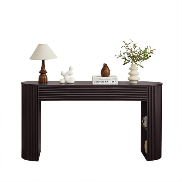 English Elm [video] Retro Fluted Console Table with 3 Drawers Open Niche Mid-century Entryway Espresso N759P283616D