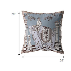 Homeroots 26” Blue Brown Ornate Elephant Indoor Outdoor Zippered Throw Pillow   412792
