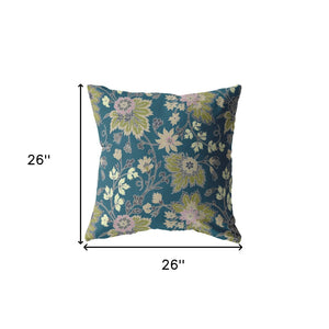 Homeroots 26” Teal Green Jacobean Indoor Outdoor Zippered Throw Pillow   412808