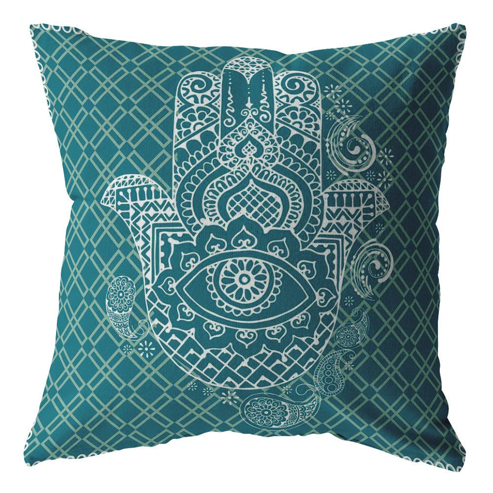 Homeroots 26” Teal White Hamsa Indoor Outdoor Zippered Throw Pillow   412848