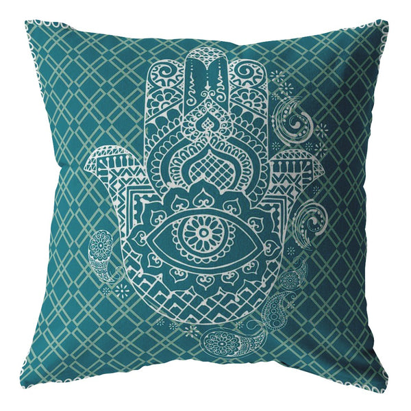 Homeroots 26” Teal White Hamsa Indoor Outdoor Zippered Throw Pillow   412848