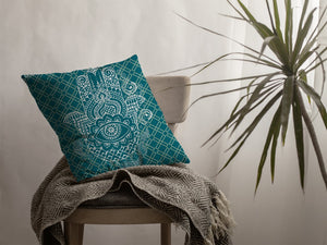Homeroots 26” Teal White Hamsa Indoor Outdoor Zippered Throw Pillow   412848