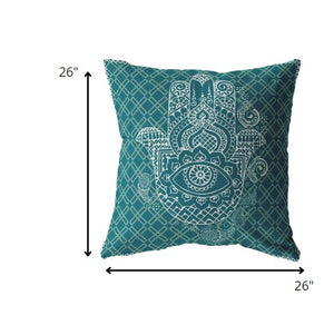 Homeroots 26” Teal White Hamsa Indoor Outdoor Zippered Throw Pillow   412848