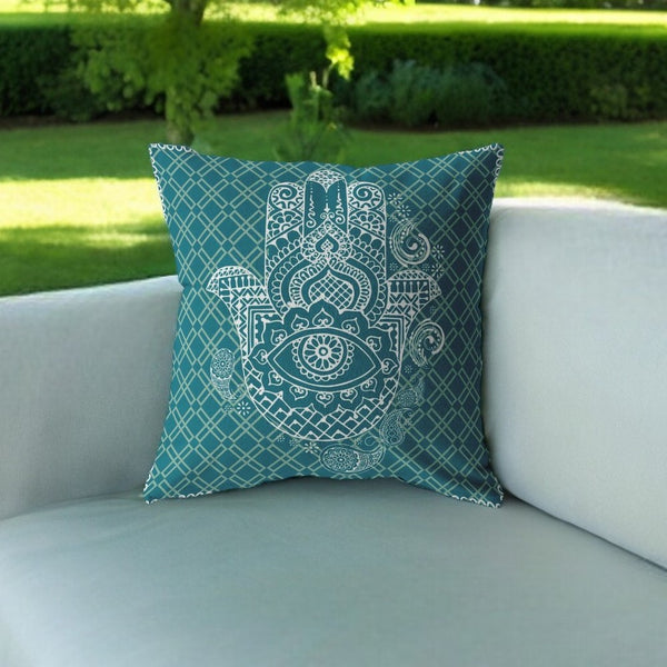 Homeroots 26” Teal White Hamsa Indoor Outdoor Zippered Throw Pillow   412848