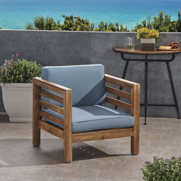 English Elm Christopher Knight Home® - OANA Outdoor Club Chair with Acacia Wood Frame, Removable Cushions, Slatted Design for Quick Drying Pecan+Blue 65546.00BLU
