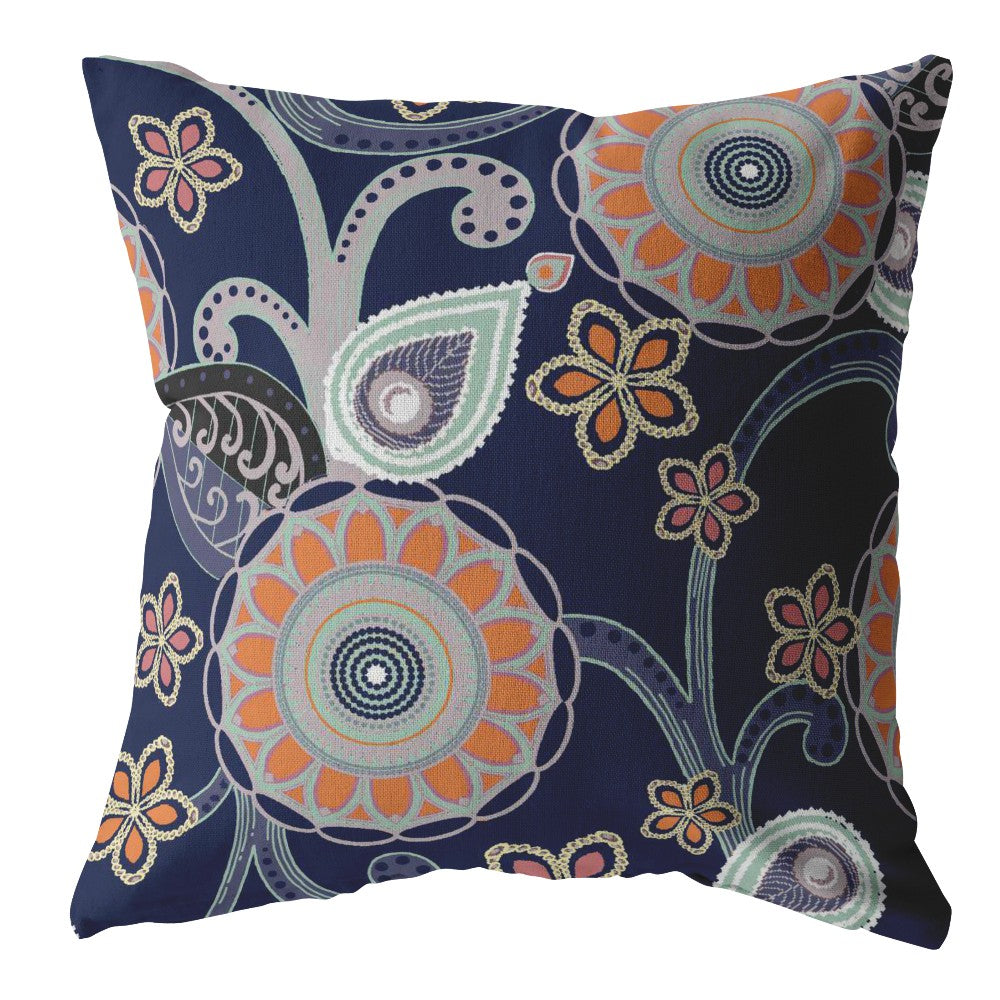 Homeroots 26” Indigo Orange Floral Indoor Outdoor Zippered Throw Pillow   412936