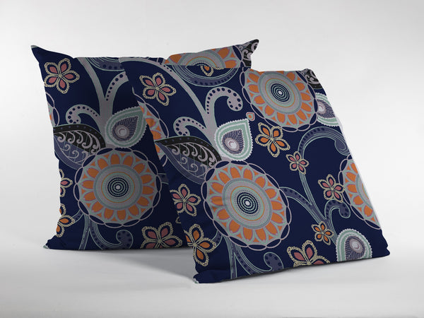 Homeroots 26” Indigo Orange Floral Indoor Outdoor Zippered Throw Pillow   412936