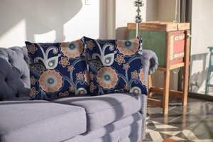Homeroots 26” Indigo Orange Floral Indoor Outdoor Zippered Throw Pillow   412936
