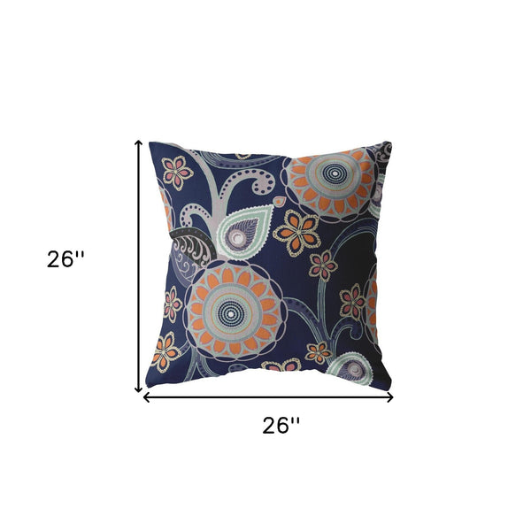 Homeroots 26” Indigo Orange Floral Indoor Outdoor Zippered Throw Pillow   412936