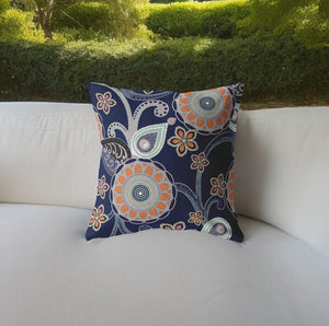 Homeroots 26” Indigo Orange Floral Indoor Outdoor Zippered Throw Pillow   412936