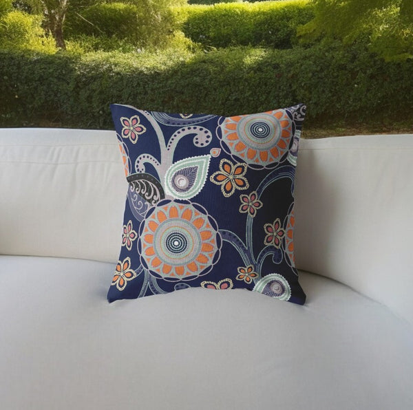 Homeroots 26” Indigo Orange Floral Indoor Outdoor Zippered Throw Pillow   412936