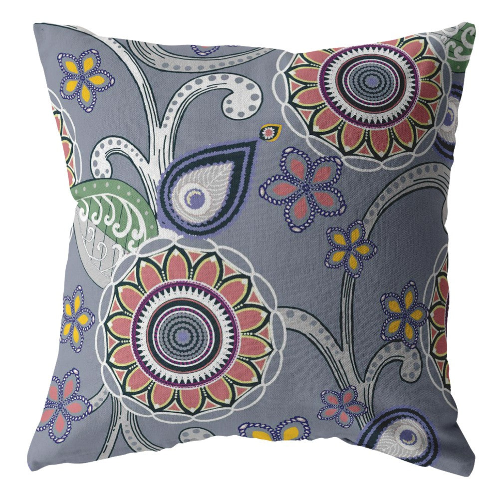 Homeroots 26” Gray Pink Floral Indoor Outdoor Zippered Throw Pillow   412940
