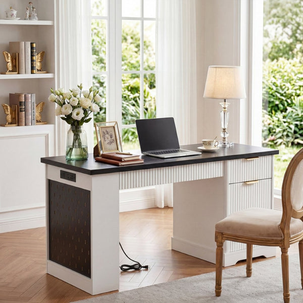 English Elm 55" Fluted White Computer Desk with Power Outlet Pegboard Cabinet and Keyboard Tray W2917P396008