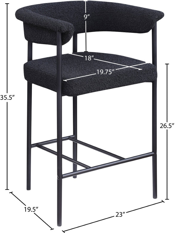 Meridian Furniture Malin Upholstered Counter Stool with Matte Black Iron Frame for Kitchen Islands and Home Bars Black Boucle Fabric 412Black-C