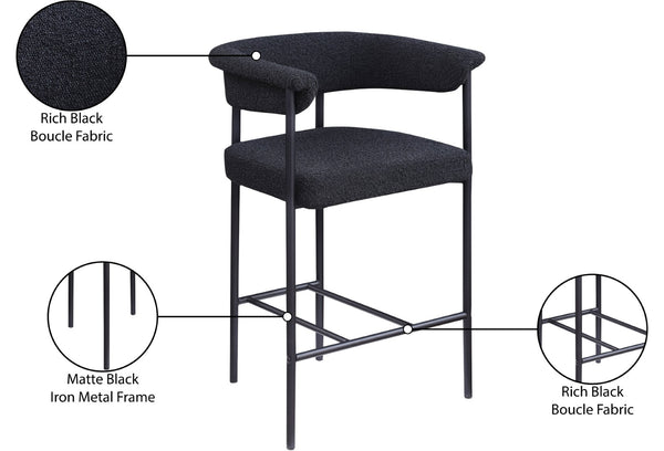 Meridian Furniture Malin Upholstered Counter Stool with Matte Black Iron Frame for Kitchen Islands and Home Bars Black Boucle Fabric 412Black-C
