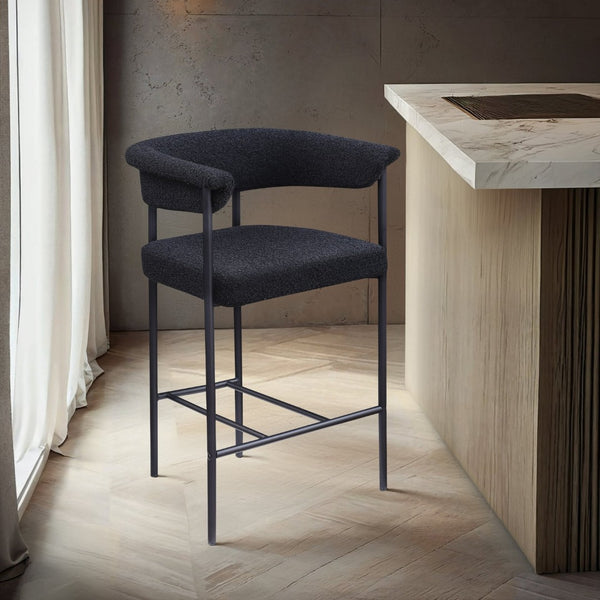Meridian Furniture Malin Upholstered Counter Stool with Matte Black Iron Frame for Kitchen Islands and Home Bars Black Boucle Fabric 412Black-C
