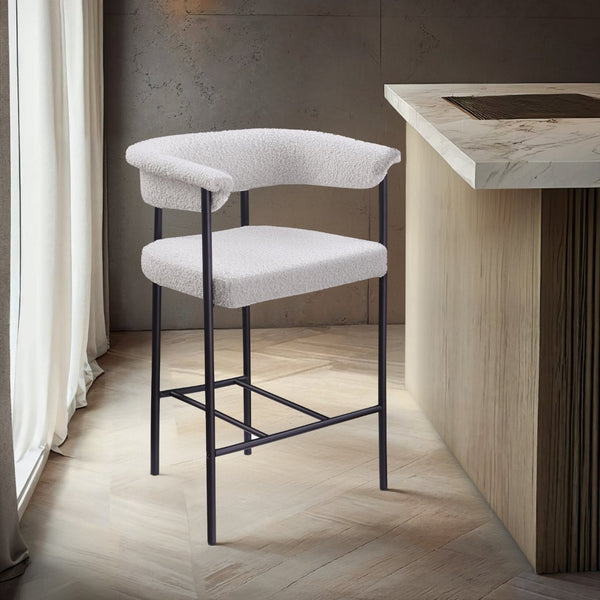 Meridian Furniture Malin Upholstered Counter Stool with Matte Black Iron Frame for Kitchen Islands and Home Bars Cream Boucle Fabric 412Cream-C