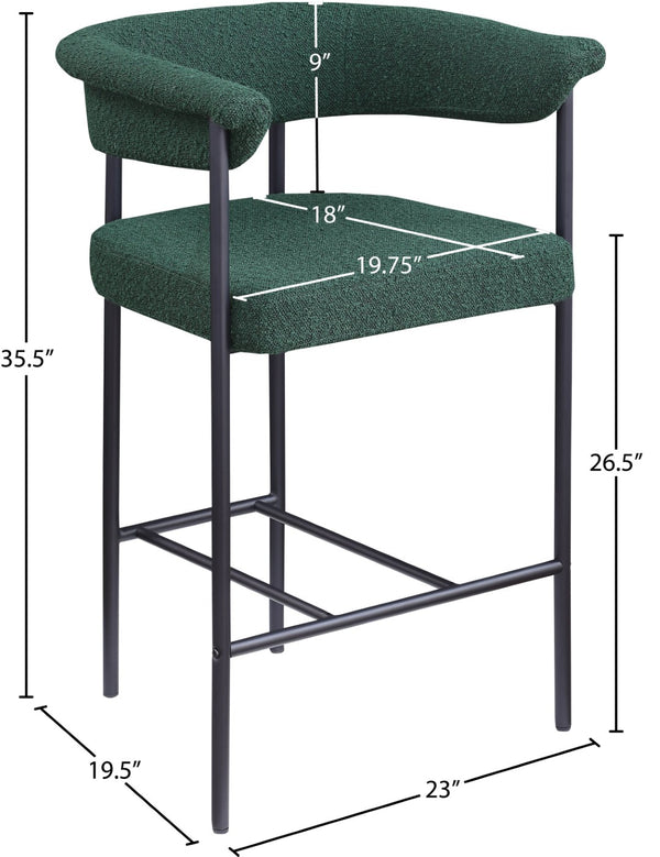 Meridian Furniture Malin Upholstered Counter Stool with Matte Black Iron Frame for Kitchen Islands and Home Bars Green Boucle Fabric 412Green-C
