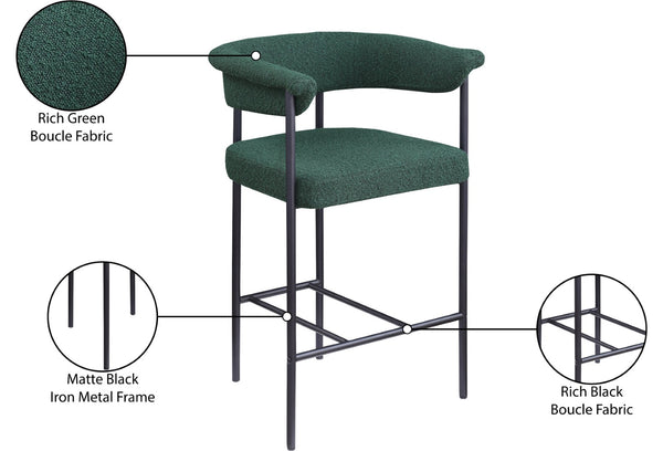 Meridian Furniture Malin Upholstered Counter Stool with Matte Black Iron Frame for Kitchen Islands and Home Bars Green Boucle Fabric 412Green-C