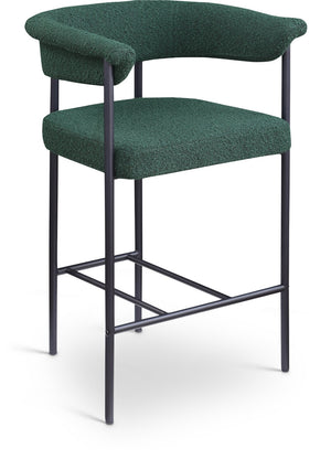 Meridian Furniture Malin Upholstered Counter Stool with Matte Black Iron Frame for Kitchen Islands and Home Bars Green Boucle Fabric 412Green-C