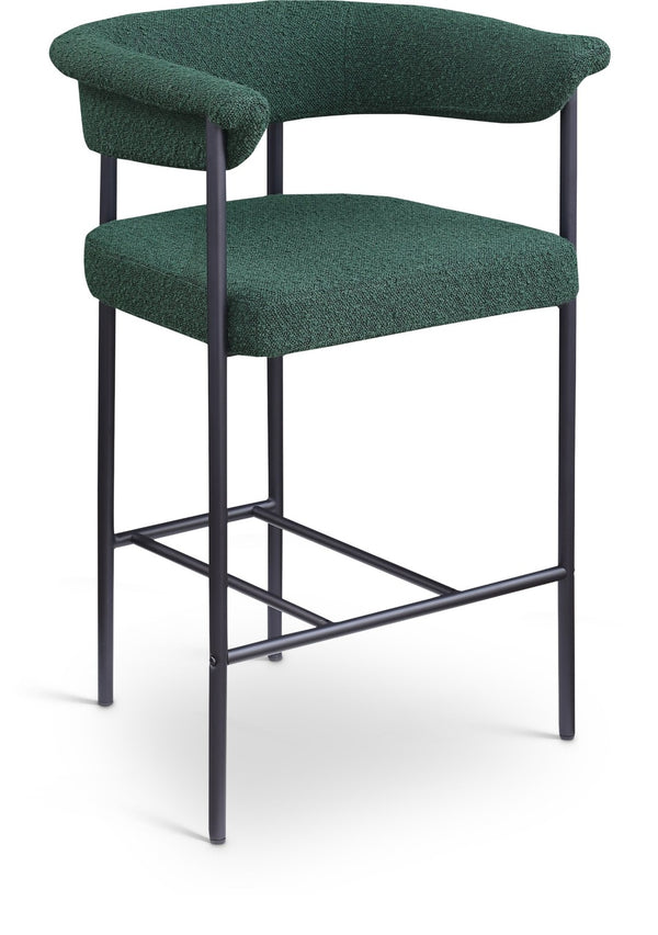 Meridian Furniture Malin Upholstered Counter Stool with Matte Black Iron Frame for Kitchen Islands and Home Bars Green Boucle Fabric 412Green-C