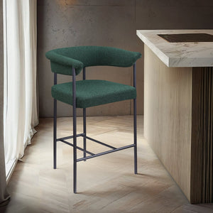 Meridian Furniture Malin Upholstered Counter Stool with Matte Black Iron Frame for Kitchen Islands and Home Bars Green Boucle Fabric 412Green-C