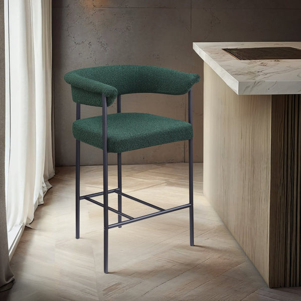 Meridian Furniture Malin Upholstered Counter Stool with Matte Black Iron Frame for Kitchen Islands and Home Bars Green Boucle Fabric 412Green-C