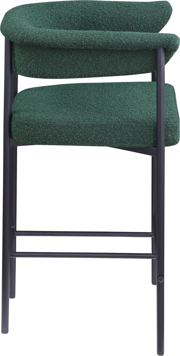 Meridian Furniture Malin Upholstered Counter Stool with Matte Black Iron Frame for Kitchen Islands and Home Bars Green Boucle Fabric 412Green-C