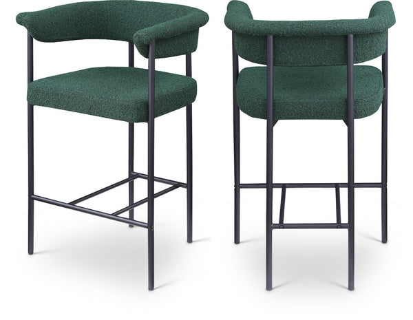 Meridian Furniture Malin Upholstered Counter Stool with Matte Black Iron Frame for Kitchen Islands and Home Bars Green Boucle Fabric 412Green-C