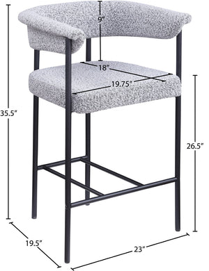 Meridian Furniture Malin Upholstered Counter Stool with Matte Black Iron Frame for Kitchen Islands and Home Bars Grey Boucle Fabric 412Grey-C