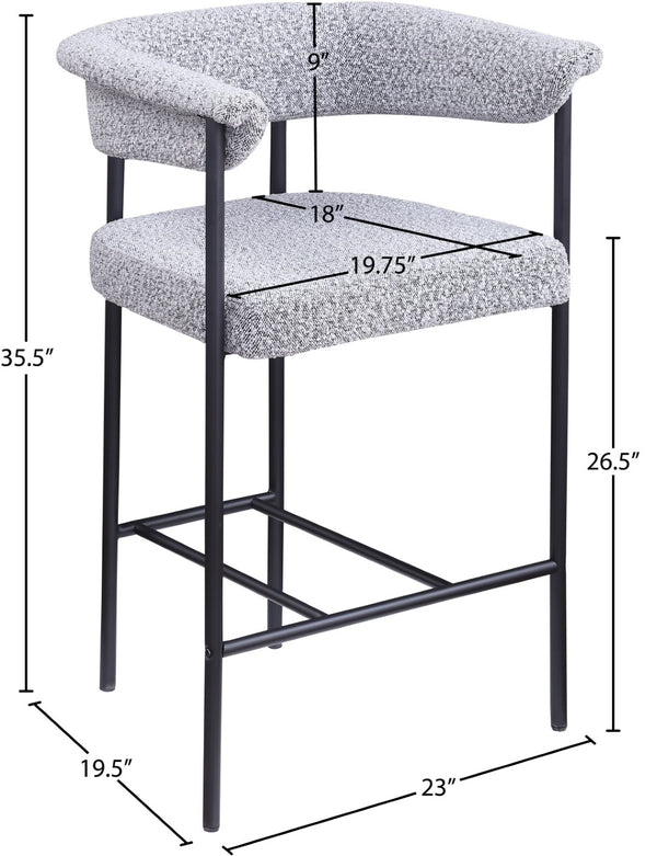 Meridian Furniture Malin Upholstered Counter Stool with Matte Black Iron Frame for Kitchen Islands and Home Bars Grey Boucle Fabric 412Grey-C